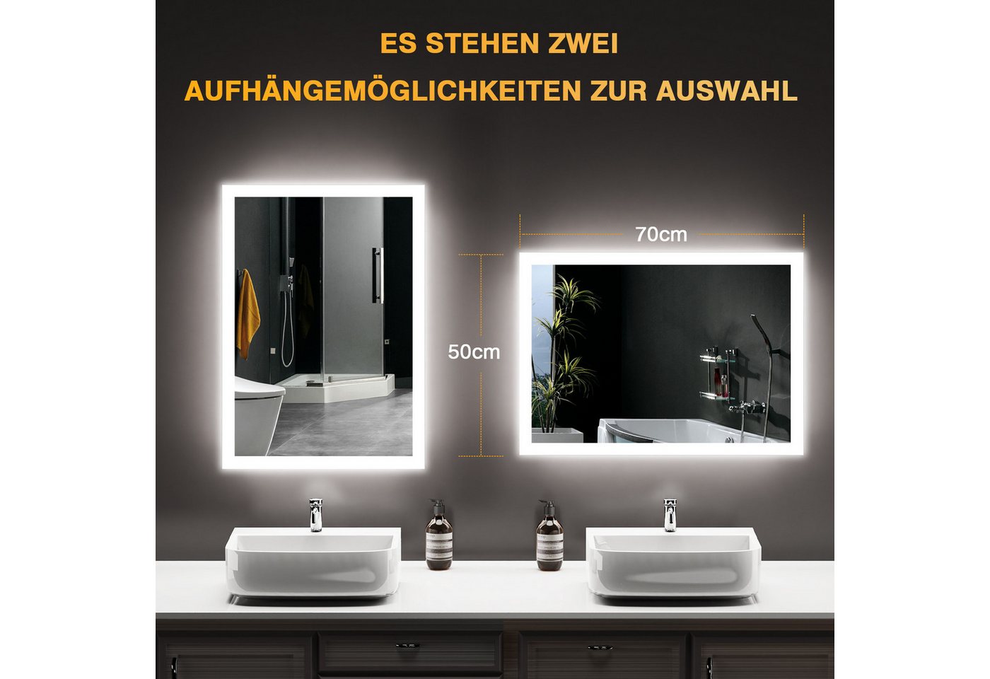 Badezimmerspiegel Mit Led-beleuchtung 50x70 Cm, Anti-beschlag, 2 Lichtfarben (3000k/6500k), Rechteckig, Horizontal/vertikal