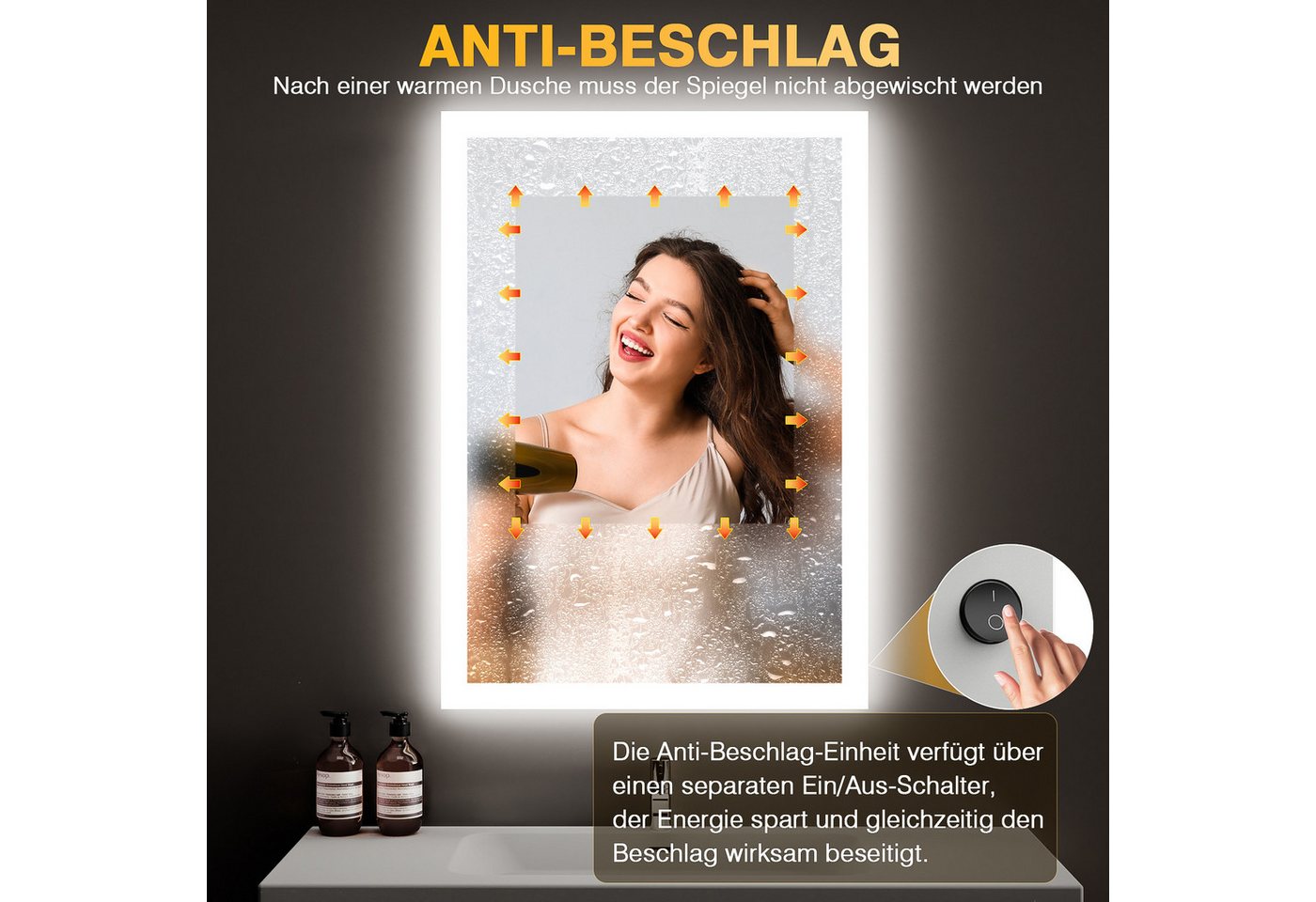 Badezimmerspiegel Mit Led-beleuchtung 50x70 Cm, Anti-beschlag, 2 Lichtfarben (3000k/6500k), Rechteckig, Horizontal/vertikal Bild 2