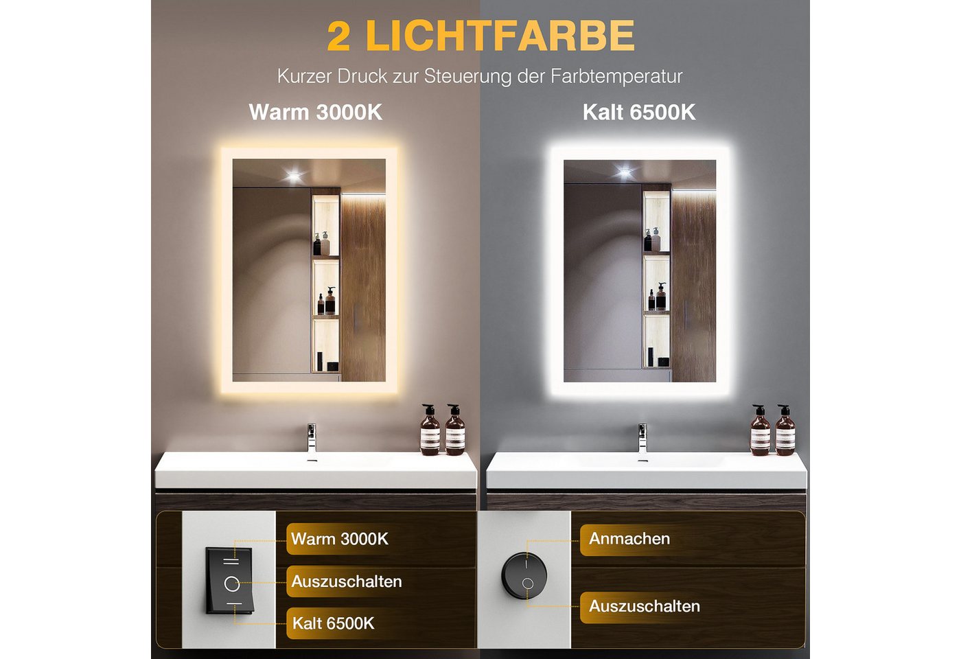 Badezimmerspiegel Mit Led-beleuchtung 50x70 Cm, Anti-beschlag, 2 Lichtfarben (3000k/6500k), Rechteckig, Horizontal/vertikal Bild 4