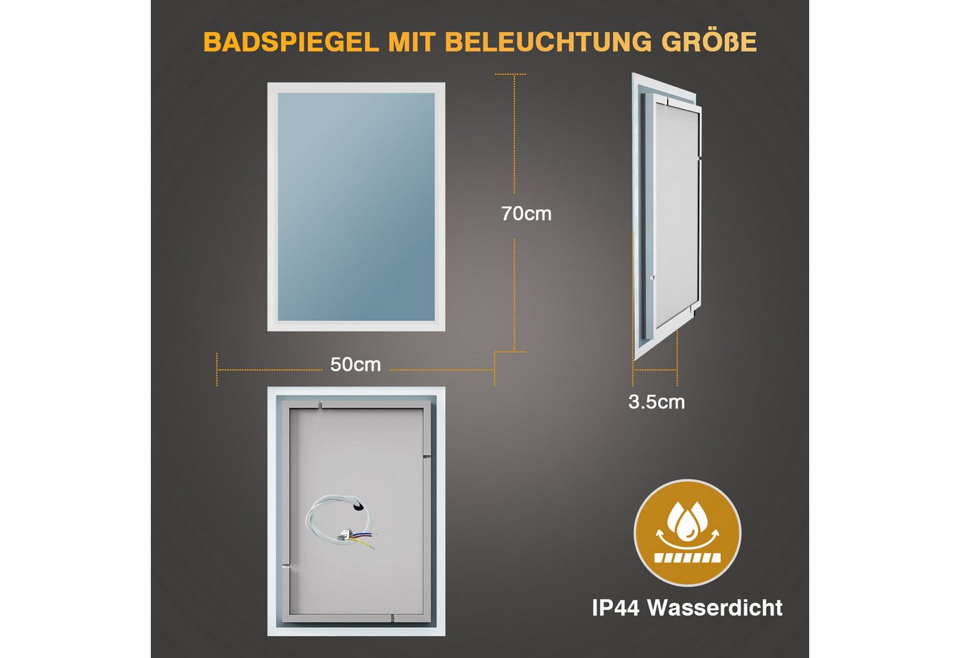 Badezimmerspiegel Mit Led-beleuchtung 50x70 Cm, Anti-beschlag, 2 Lichtfarben (3000k/6500k), Rechteckig, Horizontal/vertikal Bild 5