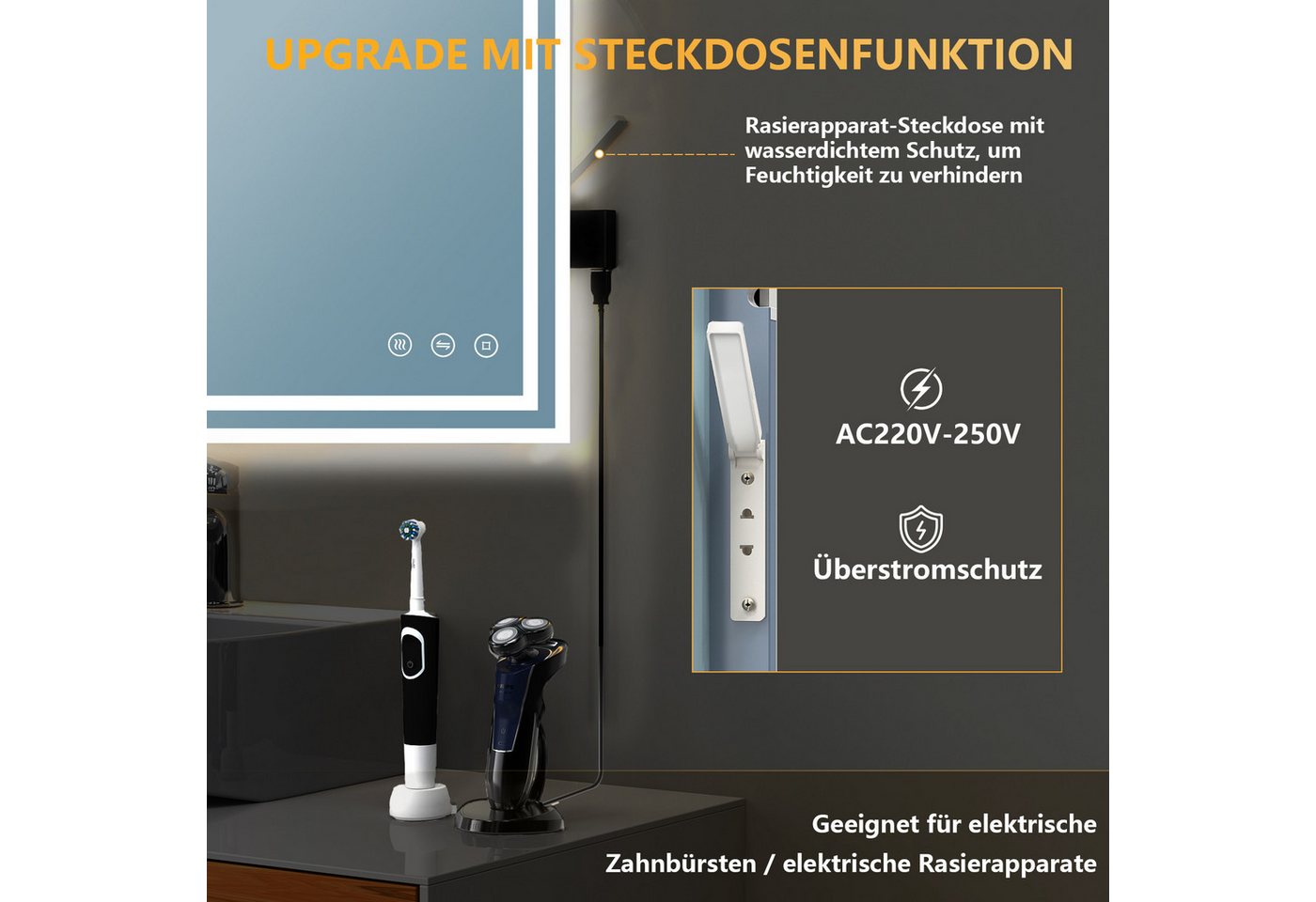 Badezimmerspiegel Pesenxan 80x60 Cm Mit Led-beleuchtung, Steckdose, 3 Lichtfarben, Dimmer, Anti-beschlag, Touch,防爆-glas