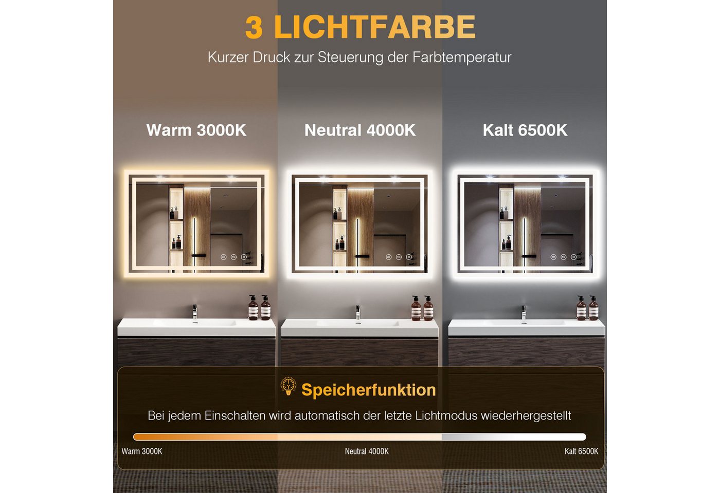 Badezimmerspiegel Pesenxan 80x60 Cm Mit Led-beleuchtung, Steckdose, 3 Lichtfarben, Dimmer, Anti-beschlag, Touch,防爆-glas Bild 2
