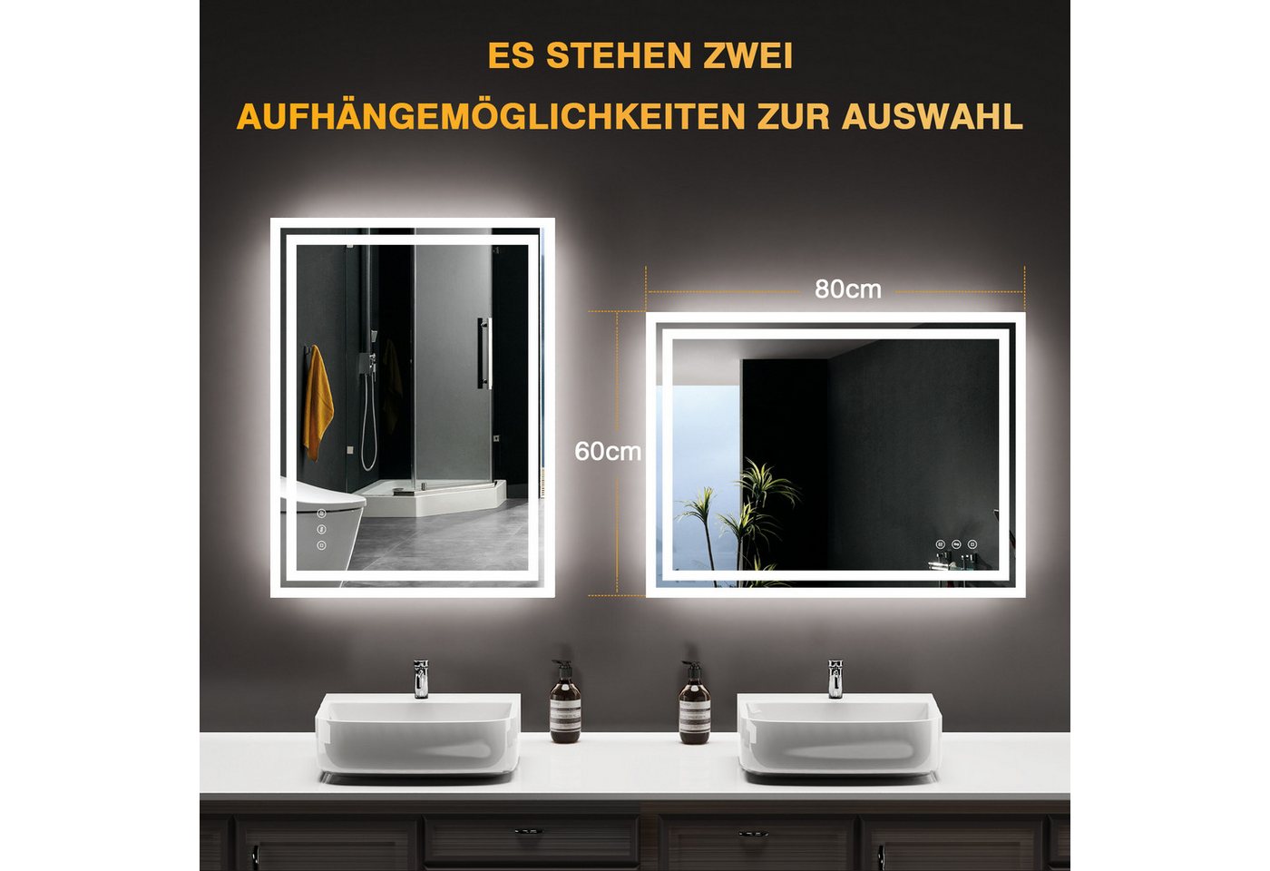 Badezimmerspiegel Pesenxan 80x60 Cm Mit Led-beleuchtung, Steckdose, 3 Lichtfarben, Dimmer, Anti-beschlag, Touch,防爆-glas Bild 5