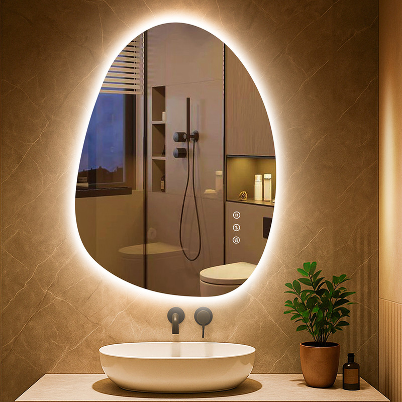 Asymmetrischer Led Badezimmerspiegel 75x55 Cm, Anti-beschlag, 3 Lichtfarben, Dimmer, Speicher, Energiesparend, Horizontal/vertikal