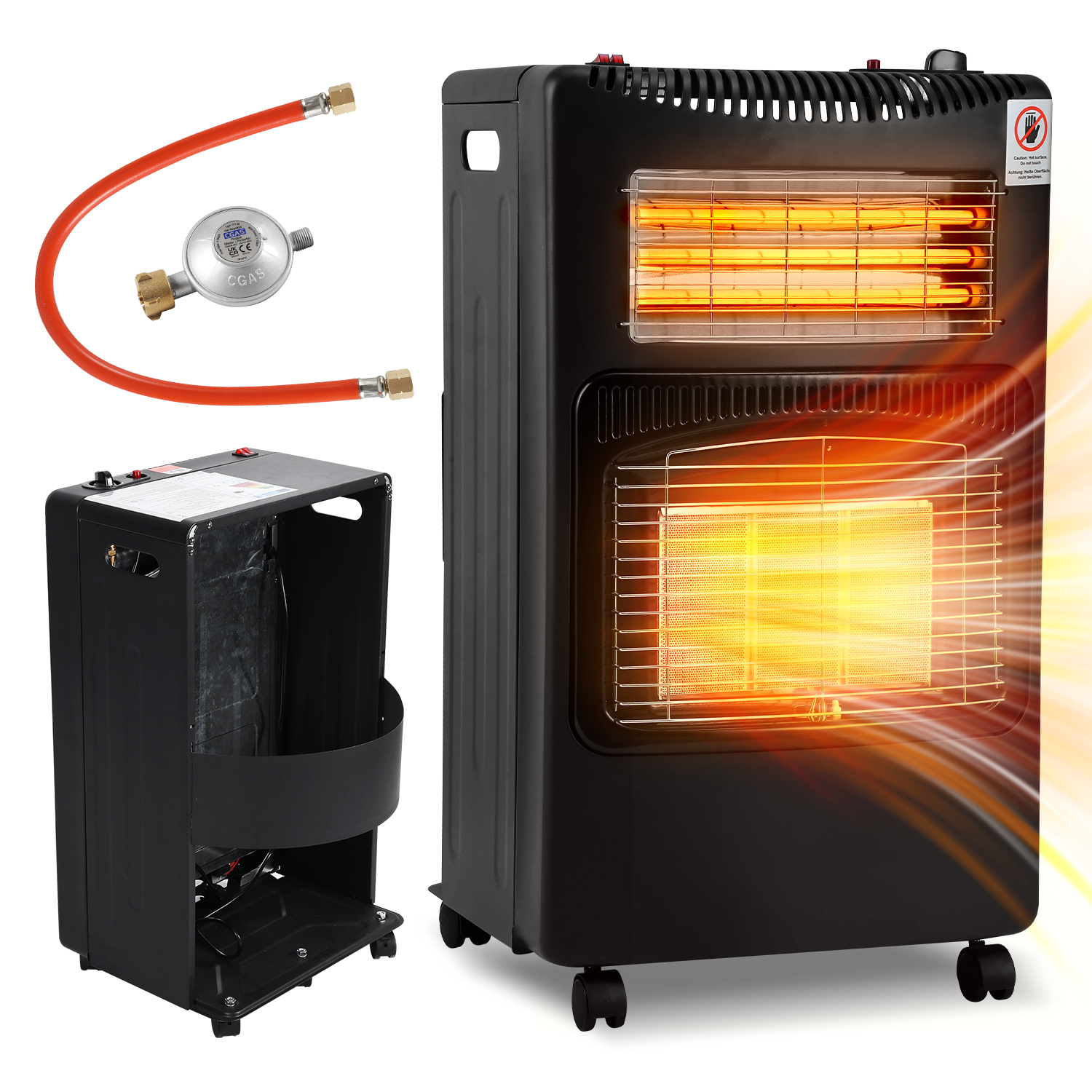 Randaco 2-in-1 Gas- & Elektroheizung 4200w/1200w, Keramik & Quarz, 3 Gasstufen, Ods, 5 Rollen