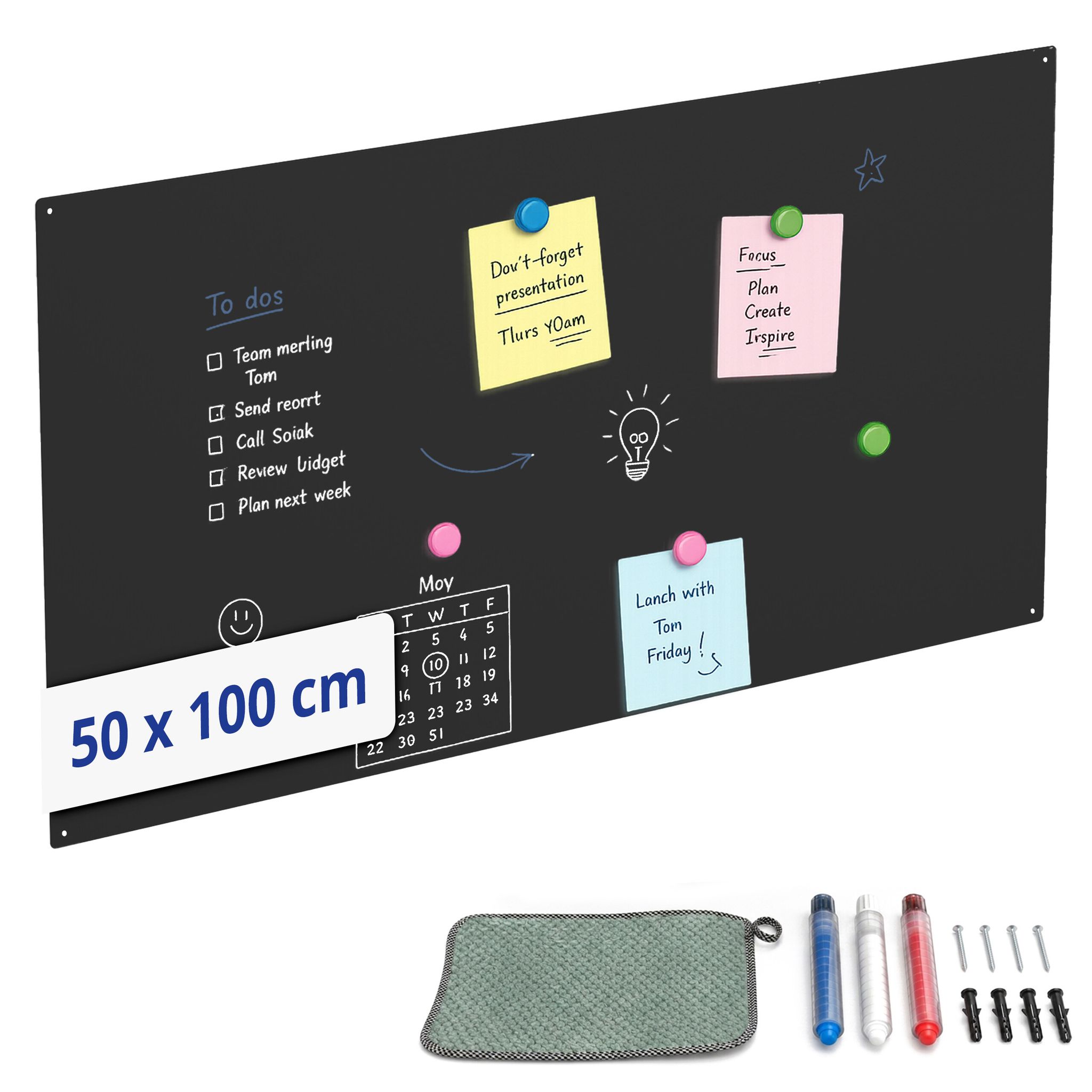 Relaxdays Magnettafel, Kreidetafel Beschreibbar, Magnetwand, 3 Stifte, 50x100, Memoboard Büro, Küche, Stahl, Schwarz