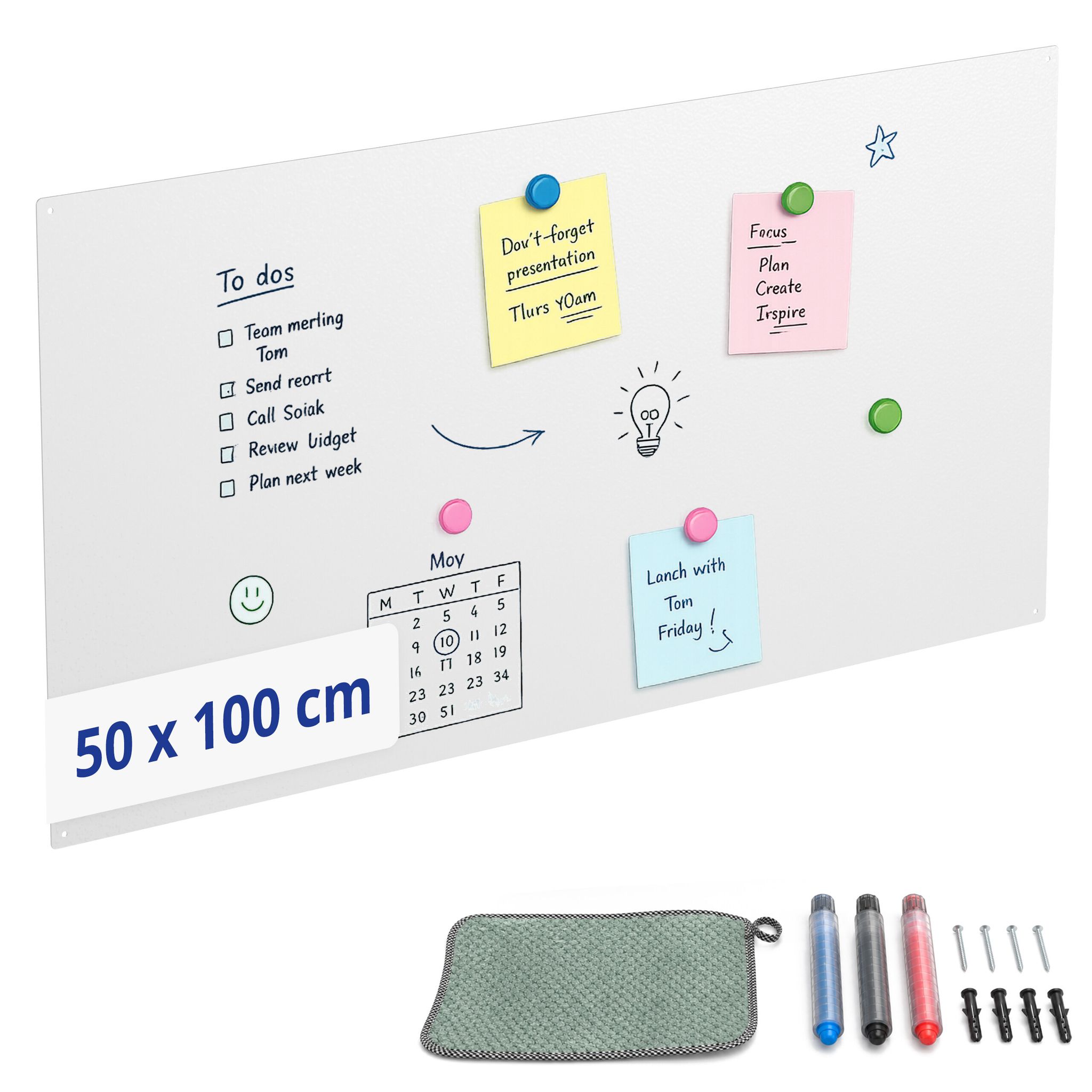 Relaxdays Magnettafel, Kreidetafel Beschreibbar, Magnetwand Inkl. 3 Stifte, 50x100, Memoboard Büro, Küche, Stahl, Weiß