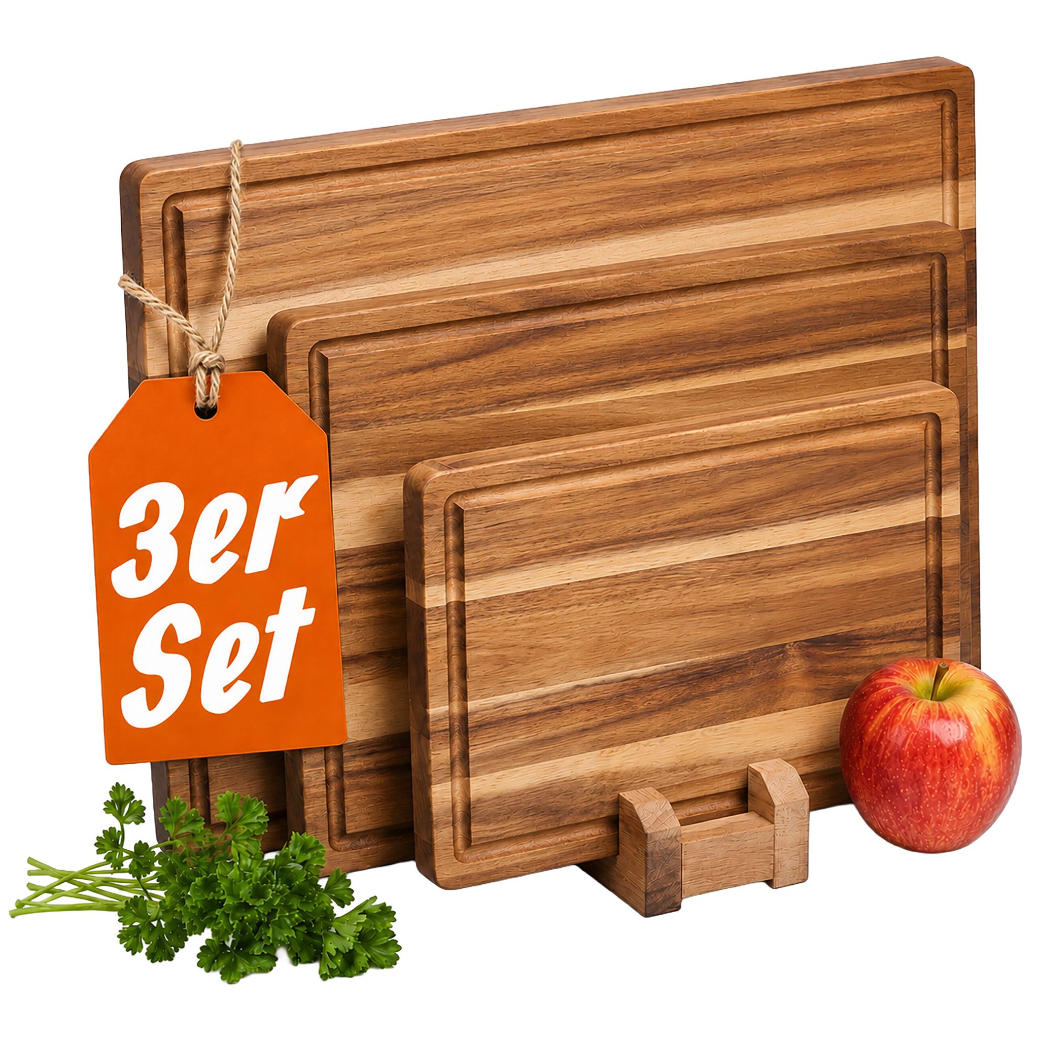 Relaxdays Schneidebrett, 3er Set, 3 Größen, Ständer, Saftrille, Akazienholz, Küchenbrett, Frühstücksbrettchen, Braun