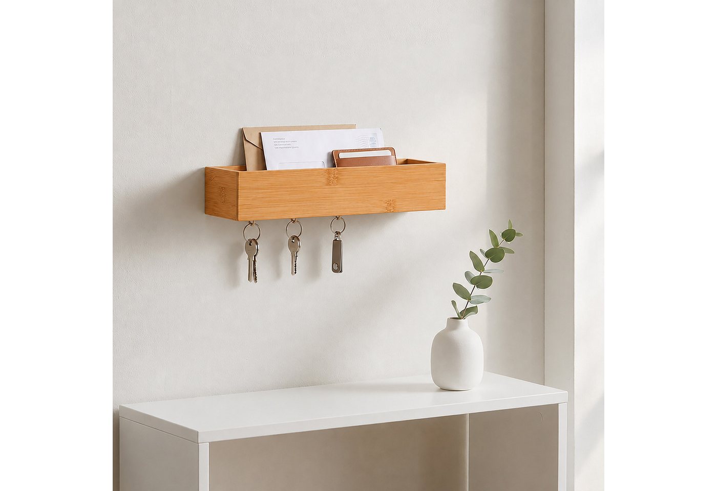 Relaxdays Schlüsselbrett, 6 Haken, Schlüsselhalter Mit Ablage, Schwebend, Hbt: 5 X 26 X 7 Cm, Wandmontage, Bambus, Natur Bild 2