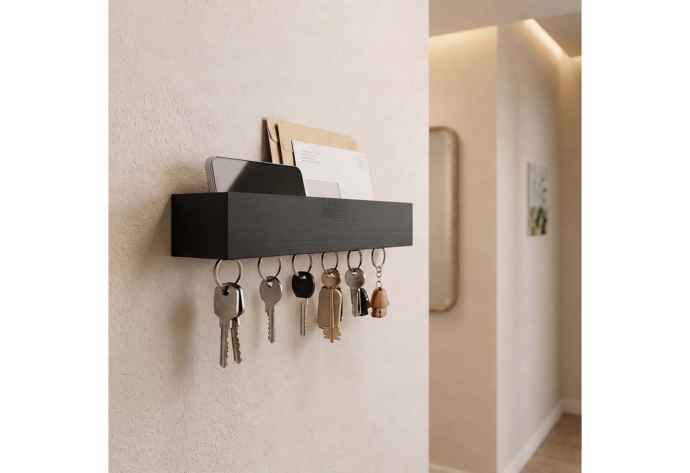 Relaxdays Schlüsselbrett, 6 Haken, Schlüsselhalter Mit Ablage, Modern, Hbt: 5 X 26 X 7 Cm, Wandmontage, Bambus, Schwarz Bild 3