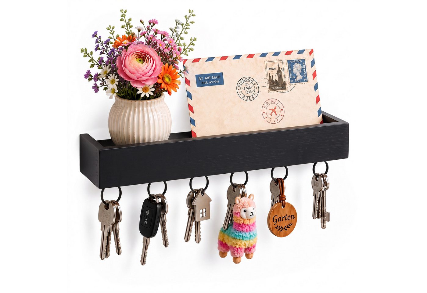 Relaxdays Schlüsselbrett, 6 Haken, Schlüsselhalter Mit Ablage, Modern, Hbt: 5 X 26 X 7 Cm, Wandmontage, Bambus, Schwarz Bild 4