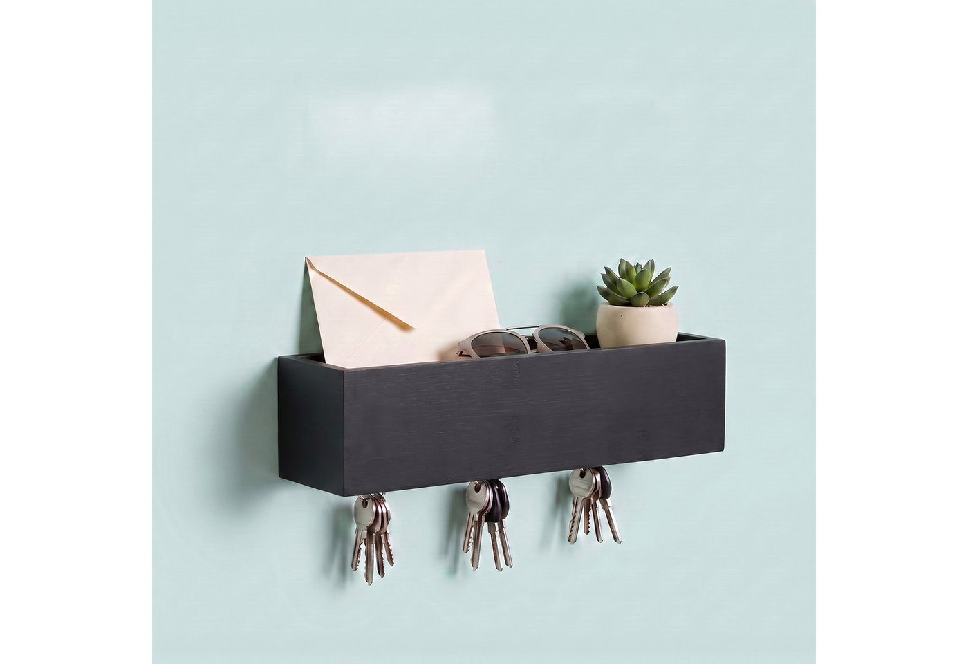 Relaxdays Schlüsselbrett, 6 Haken, Schlüsselhalter Mit Ablage, Modern, Hbt: 5 X 26 X 7 Cm, Wandmontage, Bambus, Schwarz Bild 5