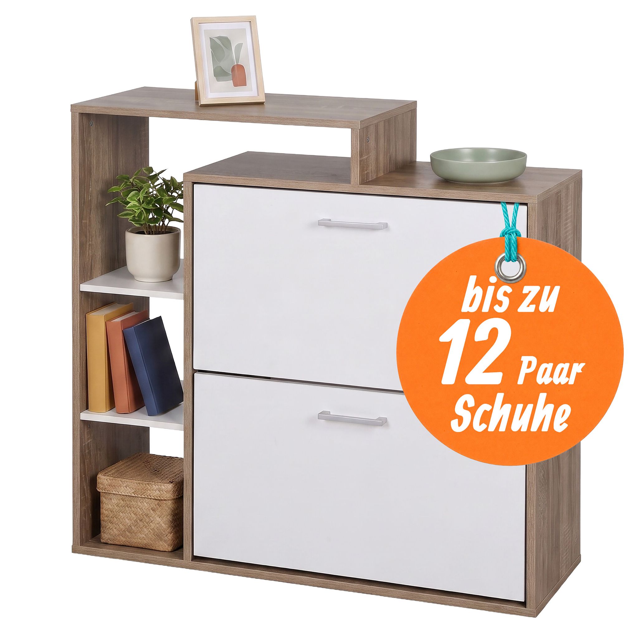 Relaxdays Schuhschrank, Hxbxt: 90 X 80 X 23,5 Cm, 2 Klappen, 12 Paar, Offene Ablagen, Schmaler Schuhkipper, Natur/weiß