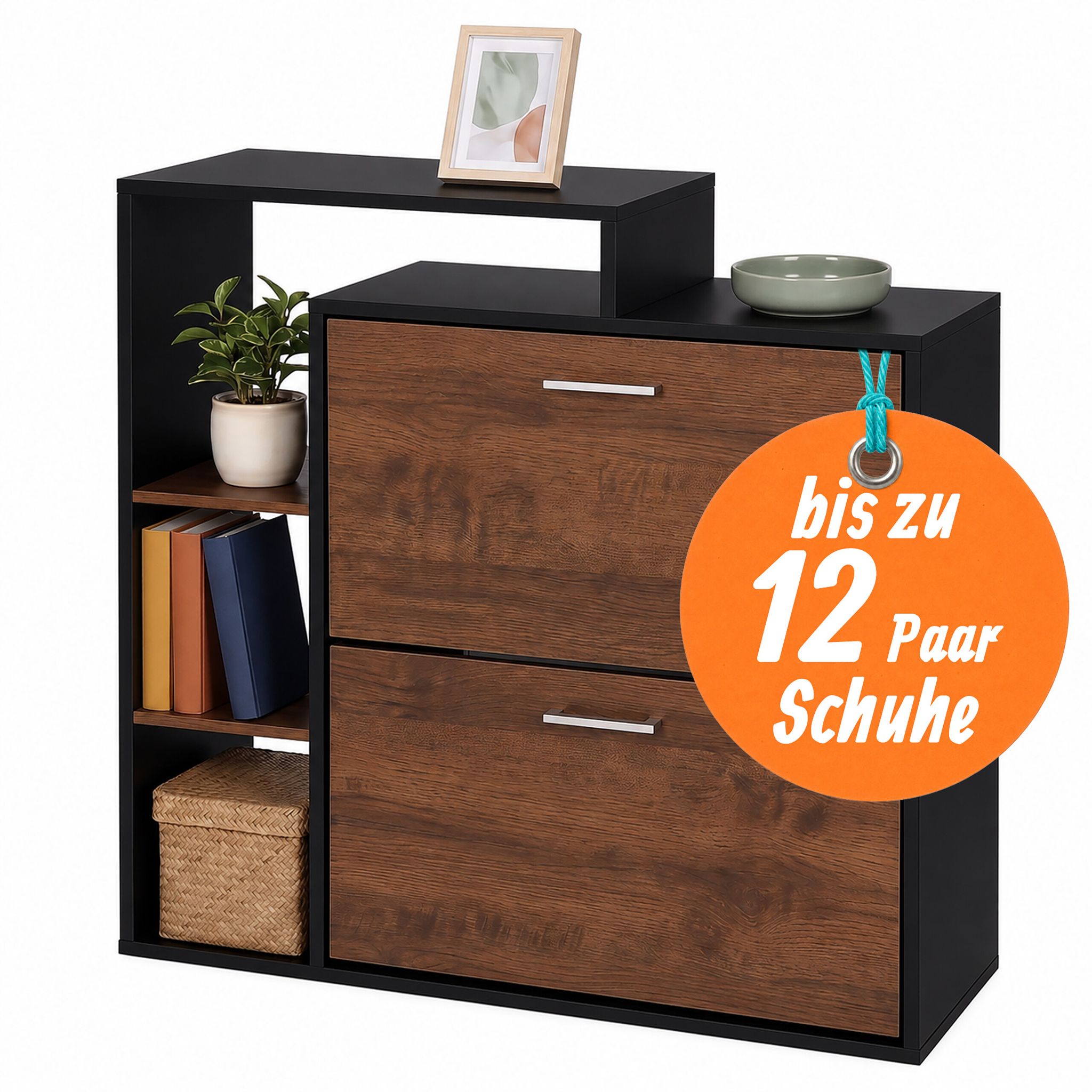 Relaxdays Schuhschrank, Hbt: 90 X 80 X 23,5 Cm, 2 Klappen, 12 Paar, Offene Ablagen, Schmaler Schuhkipper, Braun/schwarz