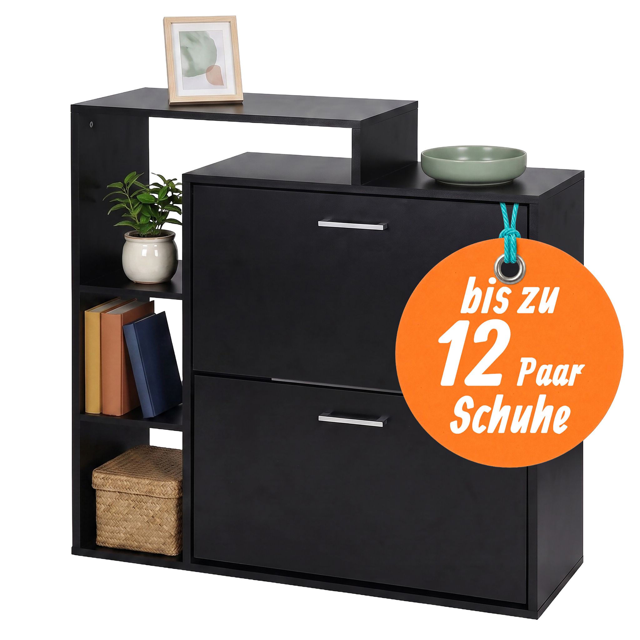 Relaxdays Schuhschrank, Hxbxt: 90 X 80 X 23,5 Cm, 2 Klappen, Für 12 Paar, Offene Ablagen, Schmaler Schuhkipper, Schwarz