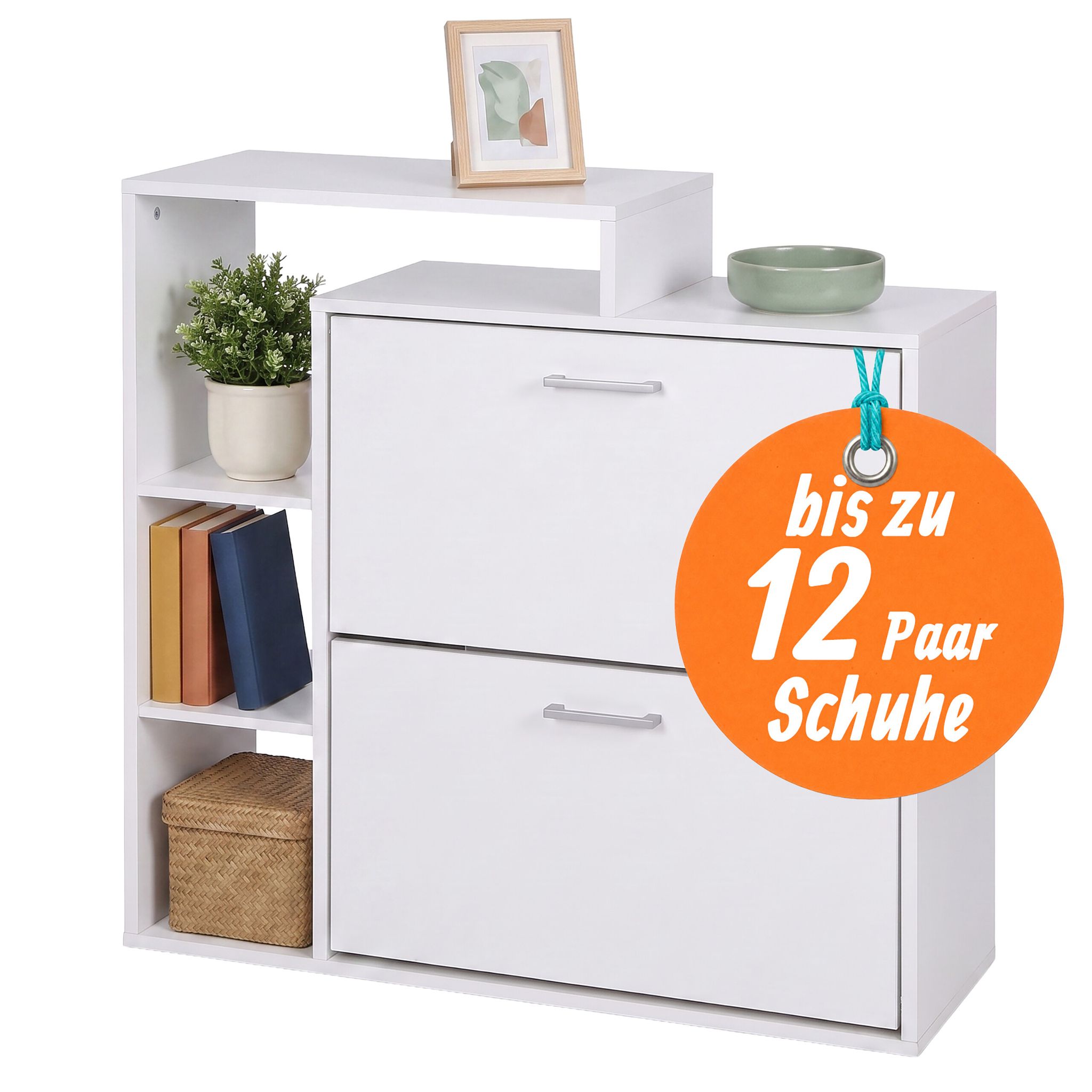 Relaxdays Schuhschrank, Hxbxt: 90 X 80 X 23,5 Cm, 2 Klappen, Für 12 Paar, Offene Ablagen, Schmaler Schuhkipper, Weiß