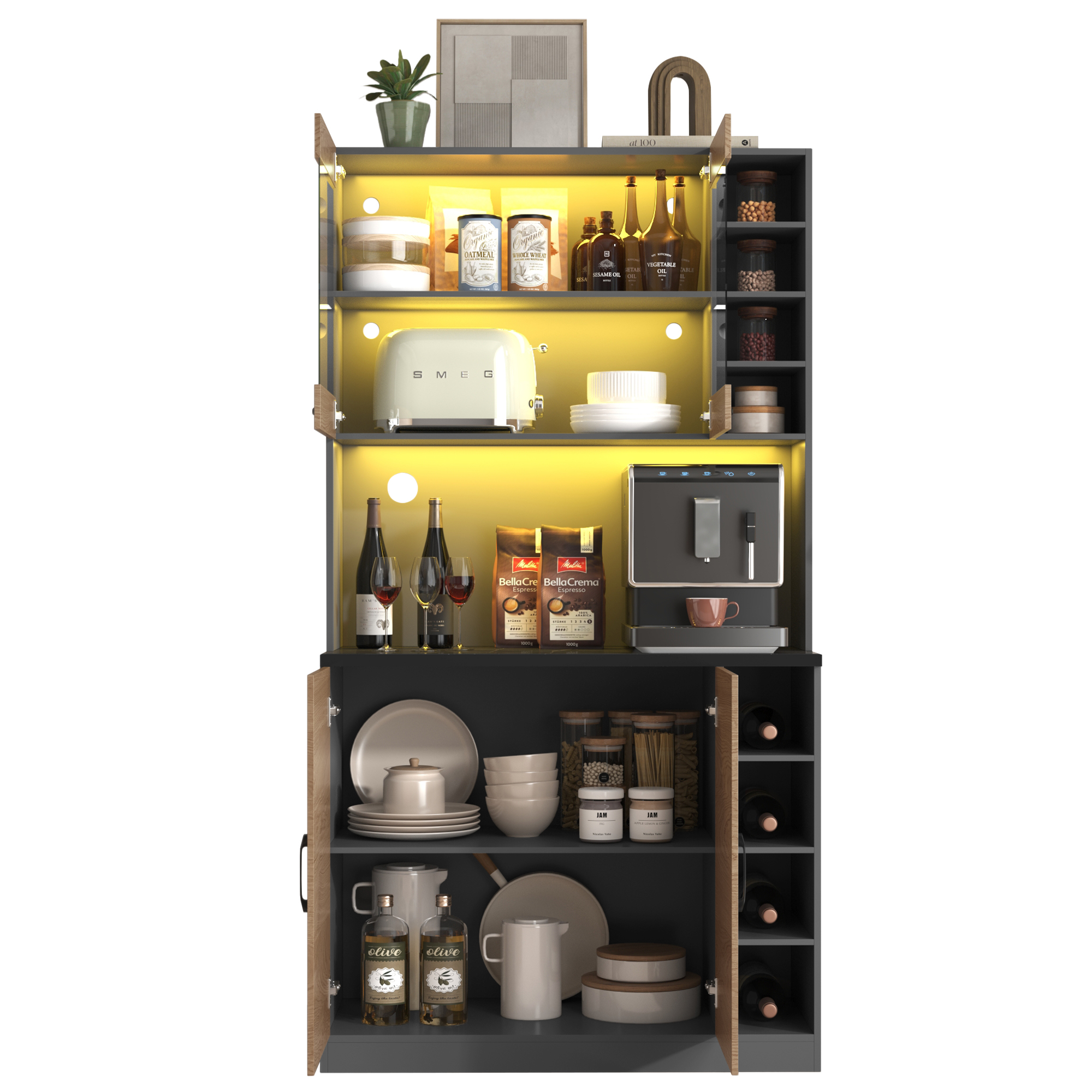 Küchenschrank Led Beleuchtung Mikrowellenfach Grau Natur, Kabeldurchlass, 100 X 47 X 187cm