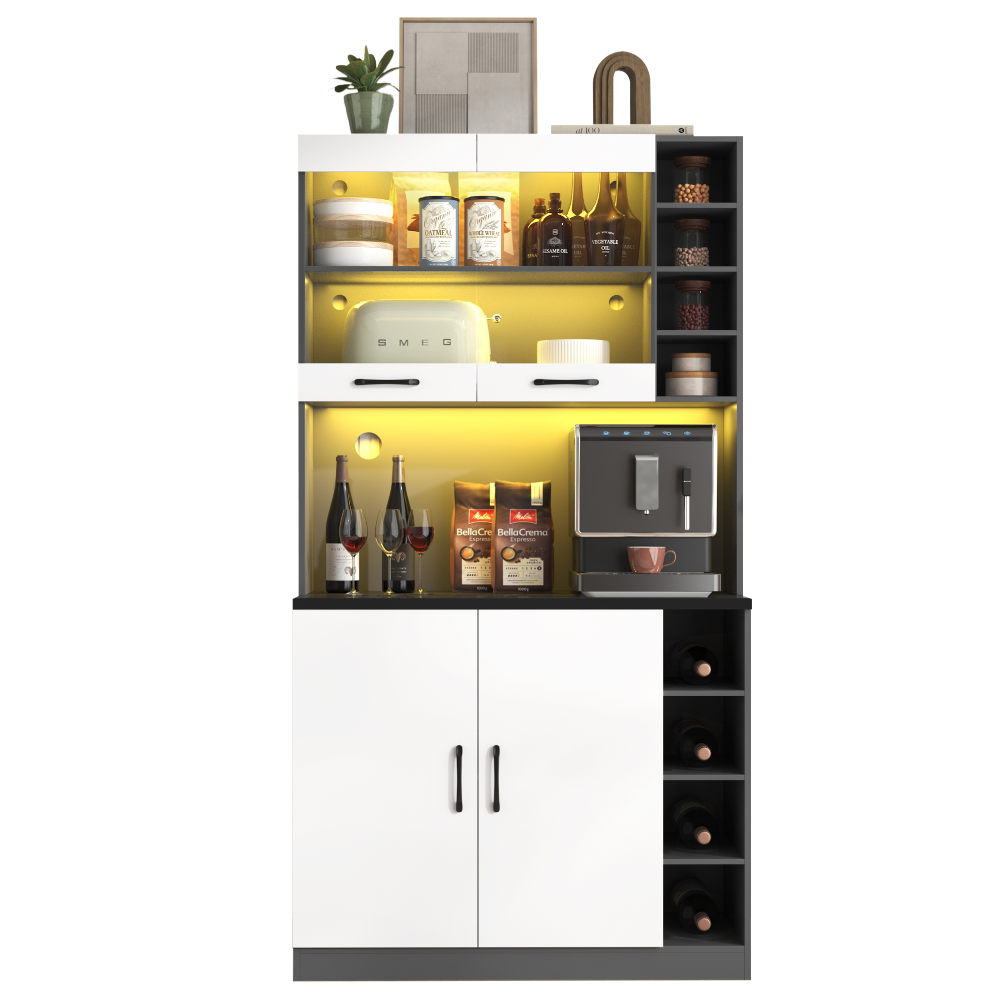 Küchenschrank Led Beleuchtung Mikrowellenfach Weiß Grau, Kabeldurchlass, 100 X 47 X 187cm