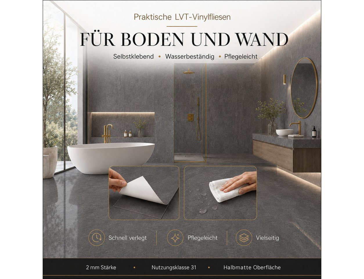 Selbstklebender Lvt Vinylboden 2 Mm, 20 Fliesen, Box 3,72 M² Charcoal Bild 2
