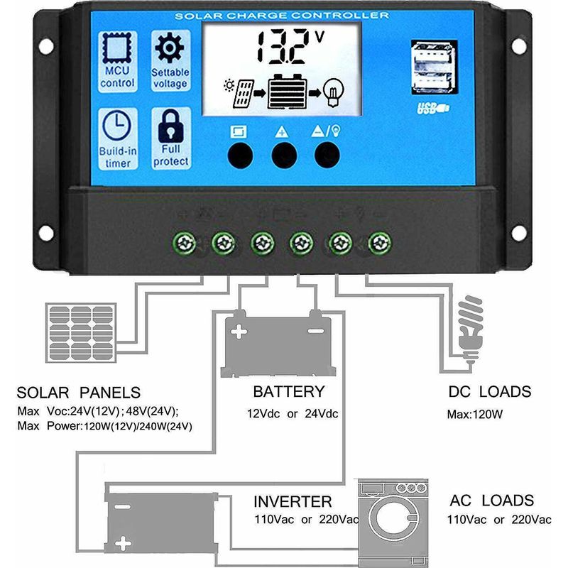– 20-a-solar-laderegler (12 V/24 V) – Pwm-regler Mit Zwei Usb-anschlüssen Und Lcd-display – Überlast- Und Kurzschlussschutz