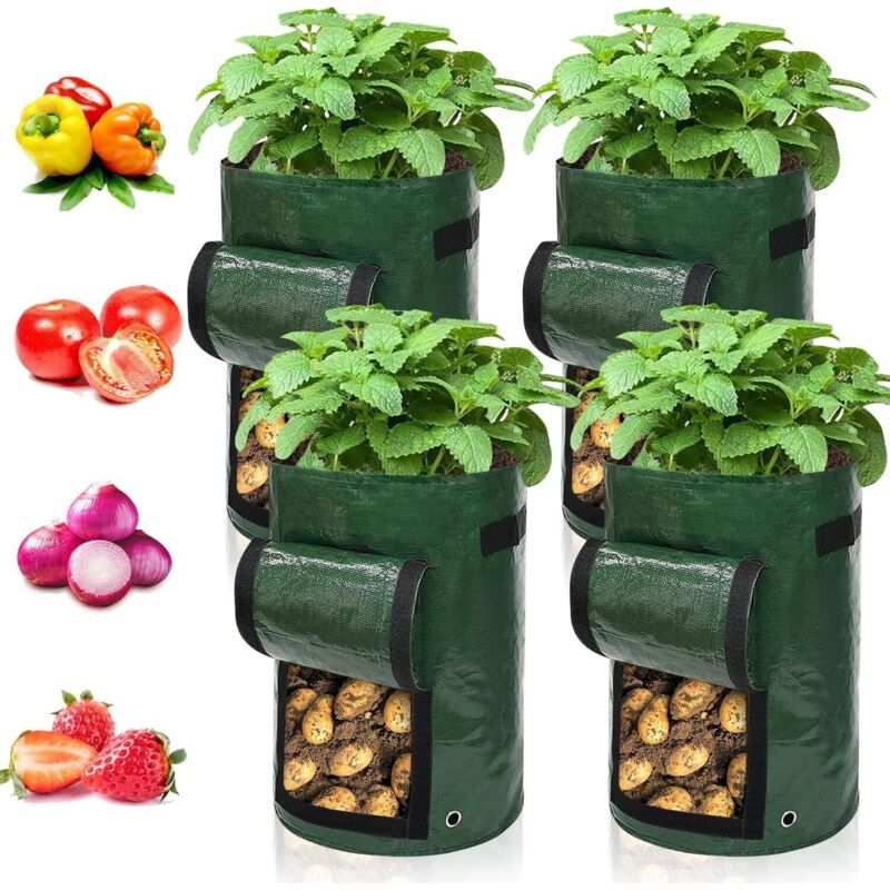 Set Mit 4 Pflanzsäcken Für Kartoffeln, Karotten, Tomaten, Gurken Und Gemüse. Aus Polyethylen.