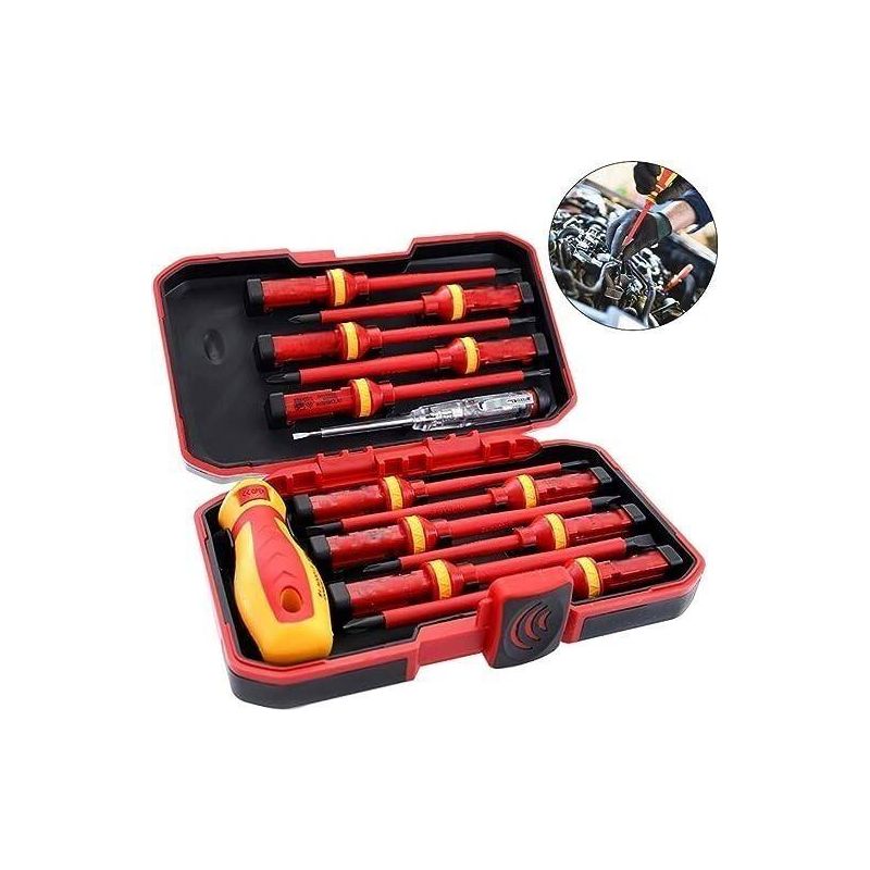 – Isolierter Elektriker-schraubendreher-satz (1000 V) – 13-teilig Mit Austauschbaren Magnetköpfen – Vanadiumstahl – Flammhemmender Gummigriff – 13-teilig