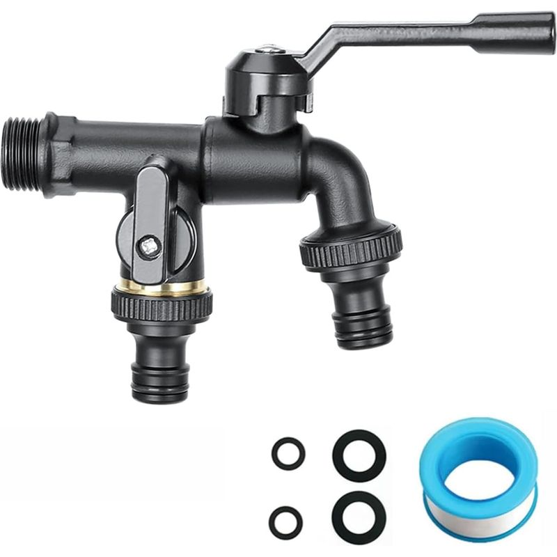 Doppelter Gartenwasserhahn, Messing, Schwarz, 3/4"-zulauf, 2 X 3/4"-auslässe, Ideal Für Regenwassertank Und Waschmaschine