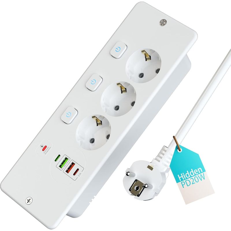 Unterputz-steckdosenleiste Mit 3 Steckdosen Und Schaltern, Tischmodell, 2 Usb-a, 2 Usb-c, Überlastungsschutz, 1,8 M Kabel, Weiß