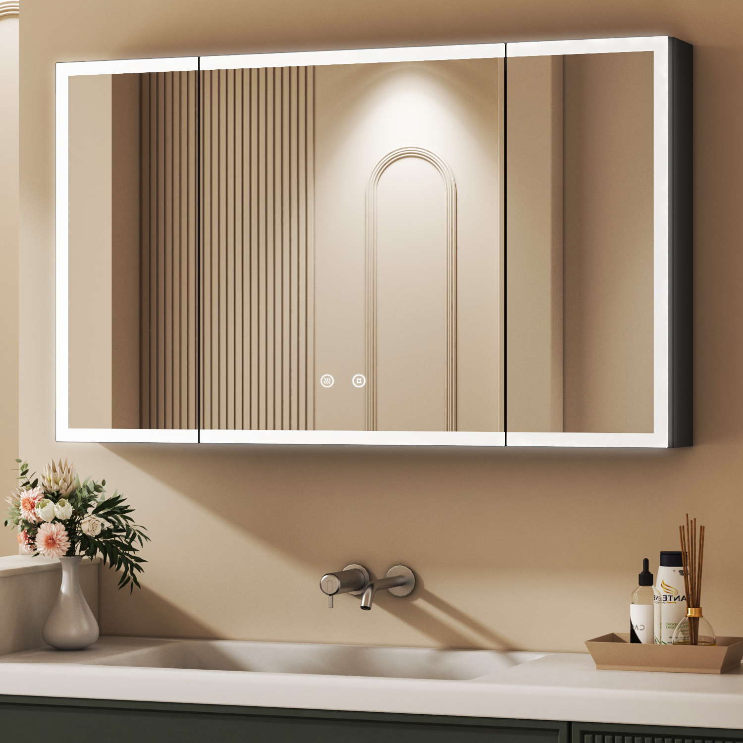 Boromal Schwarz Spiegelschrank Mit Beleuchtung 120x60cm Aluminium Groß Spiegelschrank Bad Mit Beleuchtung Badezimmerschrank, Badschrank Hängeschränke Mit 3-farben Dimmbar, Beschlagfrei