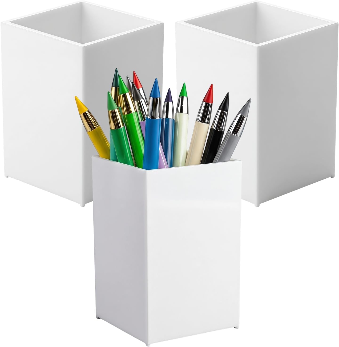 Weißer Acryl-schreibtischhalter Für Stifte Und Make-up-pinsel, Dreiteilig Stiftehalter Für Schule Und Zuhause (6,5 X 6,5 X 10 Cm)