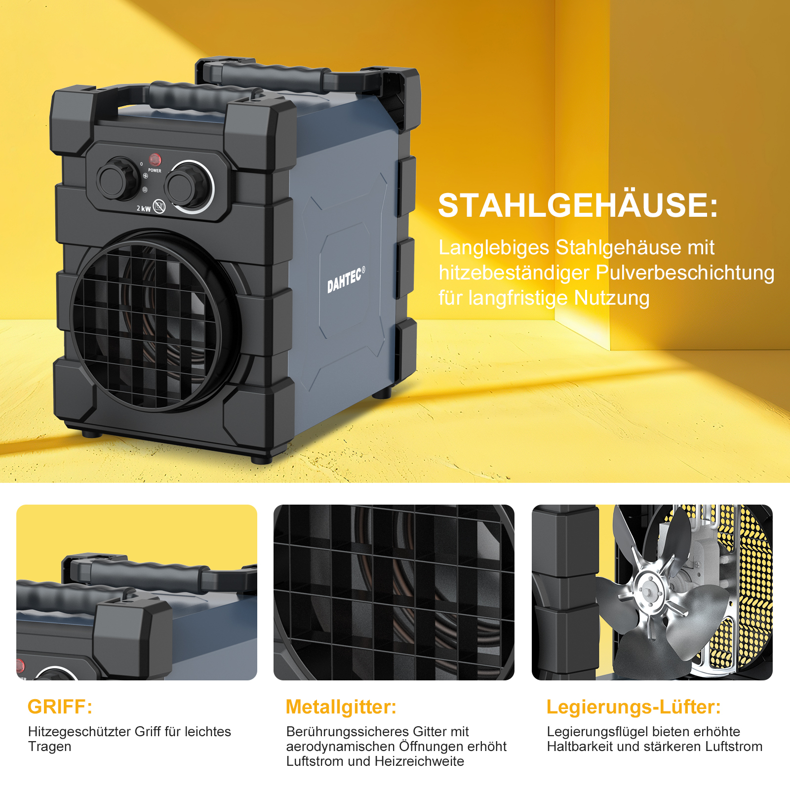 Professioneller Heizlüfter Mit Schwerem Stahlgehäuse 2000 Watt Bauheizer Elektroheizer Bautrockner Für Garage, Baustelle