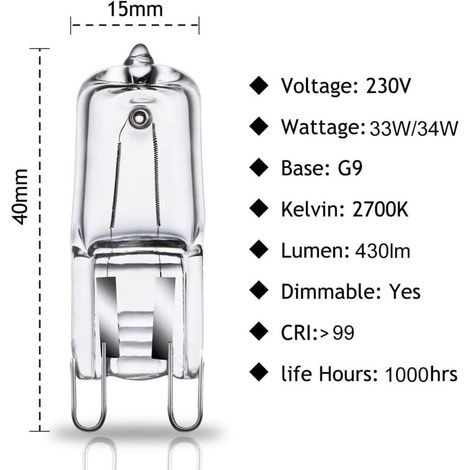 G9 Halogenlampen, 33 W (34 W), Kapsellampen, 230 V, 2800 K, Warmweiß, Dimmbar, 10er-packung