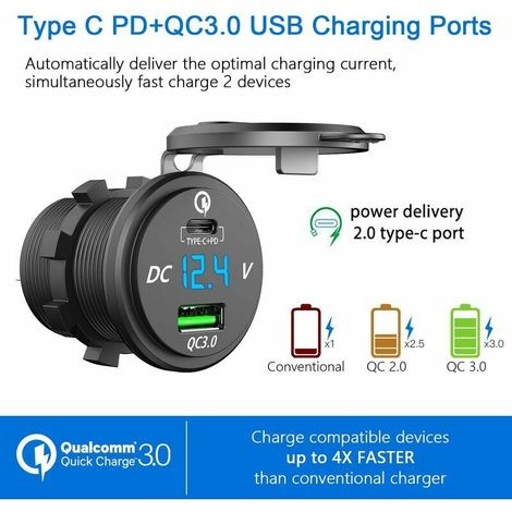 12v/24v Qc 3.0 64w Dual Plug Wasserdichtes Usb-c-auto-schnellladegerät Mit Led-voltmeter – Schnellladen Für Boote Und Motorräder