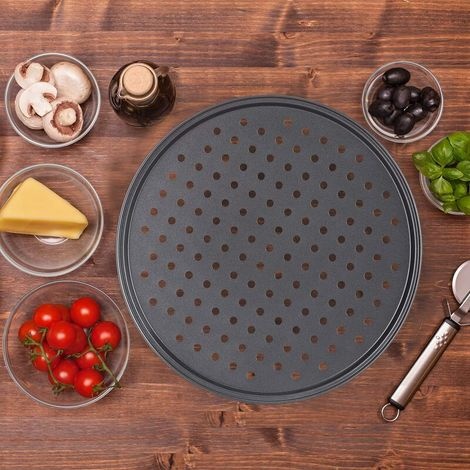 Set Mit 2 Runden, Antihaftbeschichteten, Perforierten Pizzablechen Aus Schwarzem Kohlenstoffstahl, Hitzebeständiges Gitter, Ideal Für Tartes, Quiches, Pizzen Und Gebäck, 32 Cm Durchmesser