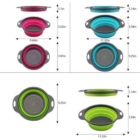 Set Mit 3 Runden, Faltbaren Silikon-wasserfiltern – 2 X 4 Pints Und 1 X 2 Pints – Ideal Zum Abgießen Von Nudeln, Gemüse Und Obst (grün, Blau, Lila)