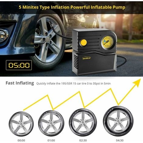 Mini-autoreifenfüller, Tragbarer Luftkompressor, Analoger Füller, Autoreifenpumpe, Elektrisch Über Zigarettenanzünder Betrieben, Fahrradpumpe Mit Manometer Und Ventiladaptern (gelb)