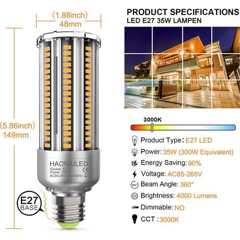 E27 35w Led-lampe, Warmweiß 3000k, Hohe Helligkeit 4000 Lm, Entspricht Einer 300w E27 Halogenlampe, 2er-pack