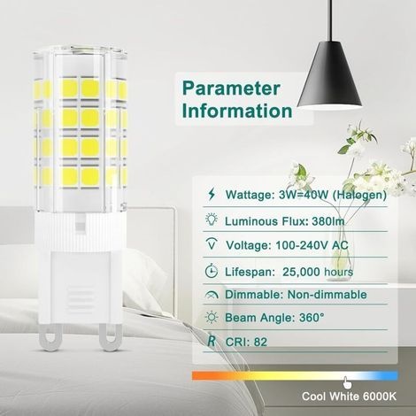 G9 3w Led-lampe, Entspricht 40w Halogenlampen, 380lm, 230v, Kaltweiß 6000k, Ac100-240v, Nicht Dimmbar, Energiesparend, Keramiksockel, Standard-g9-fassung, 6er-pack [energieklasse E]