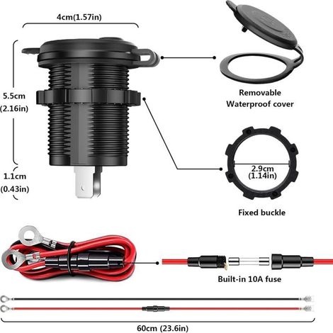 Dreipoliger Zigarettenanzünderstecker, Wasserdichter 12-v-zigarettenanzünderadapter, Wasserdichter Marinestecker, Mit 0,6 Meter Langem Anschlusskabel, Metallsicherung, Geeignet Für Autos, Motorräder U