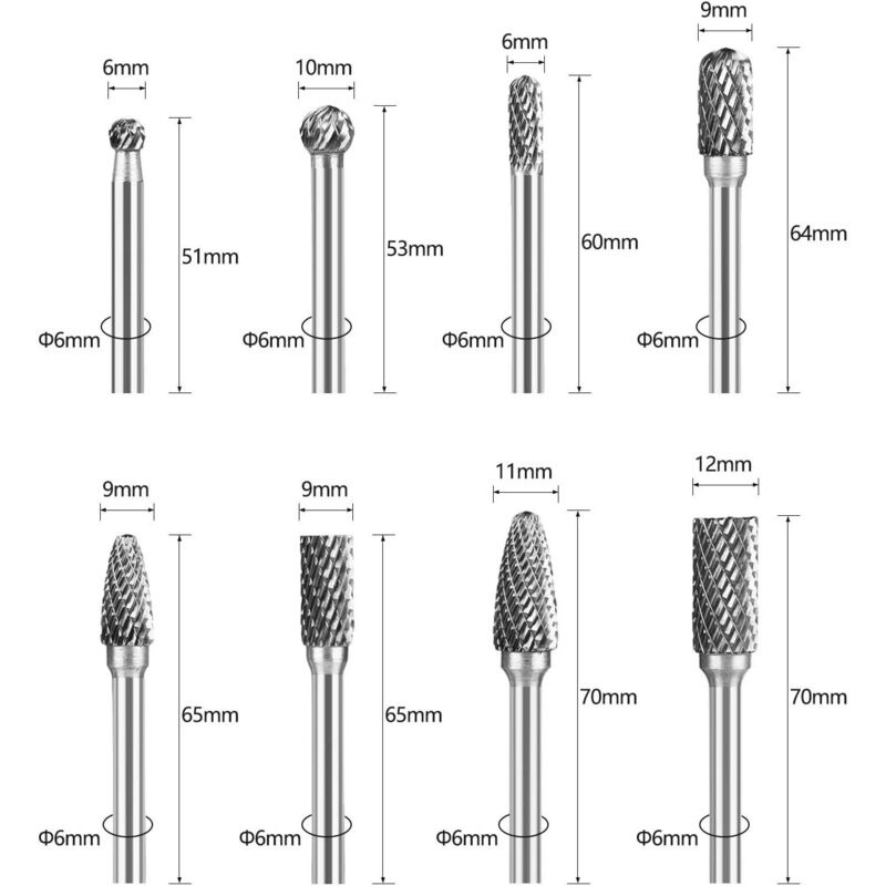 Rotationsfräser, Doppelschliff-wolframfräser, 8 Stück Doppelschliff-wolframfräser Vollhartmetall