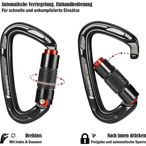 Kletterkarabiner, Automatisch Verriegelnder Karabiner, 25 Kn-2550 Kg, Ce-zertifiziert, Solide, Für Bergsteigen, Hundeleine, Boxsack, Feuerwehrmann, Hängematte, Schlüsselanhänger, Groß 10 Cm, Schwarz U