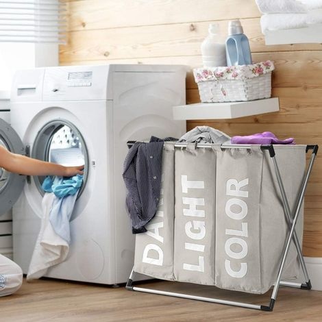 3-teiliger Wäschekorb (120 L), Faltbar, Dreifacher Wäschekorb, Wäschekorb Aus Stoff Mit Faltbarem Wäschesack Und Griff, Erhältlich In 5 Farben (beige)