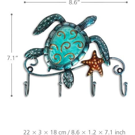 Türhaken Mit Schildkrötenmotiv, Schlüsselhaken Aus Eisen, Dekohaken, Kleiderhaken Mit 4 Haken, Wanddekoration Aus Blauem Metall