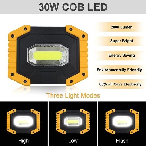 30w 2000 Wiederaufladbarer Led-fluter, Baustellen-fluter Mit 2 Batterien, 3 Modi, Tragbare Laterne, Usb-led-fluter Für Camping, Baustelle, Garage, Werkstatt (1 Stück)