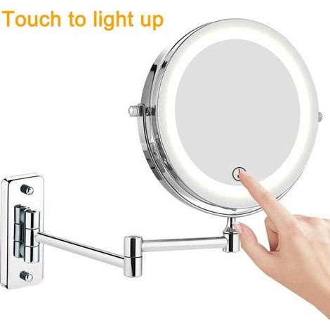 Feelglad Wand-schminkspiegel, 10-fache Doppelseitige Led-vergrößerung, 360° Drehbarer Und Ausziehbarer Kosmetikspiegel, Batteriebetrieben (batterie Nicht Enthalten), Chrom, 17,8 Cm (7 Zoll)