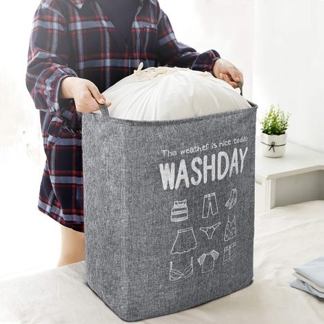 Großer, Faltbarer Wäschekorb (72 L) Mit Griff, Rechteckig, Mit Kordelzugverschluss, Wasserdicht, Ideal Fürs Schlafzimmer, Grau