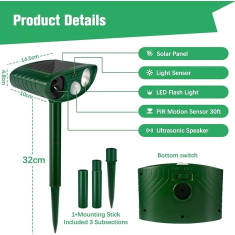 Katzenabwehrgerät, Solarbetriebenes Haustierabwehrgerät, Wasserdichtes Gartenabwehrgerät, Ultraschall-haustierabwehrgerät Mit Led-blinklicht Und Pir-bewegungsmelder-lautsprecher, Zur Verwendung In Gär