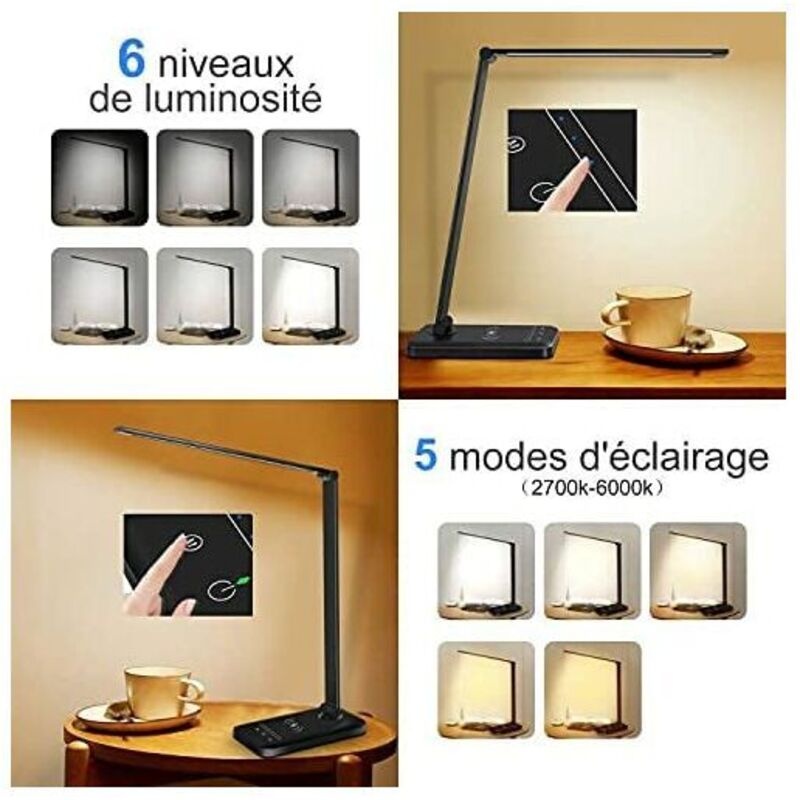 Schreibtischlampe Mit Kabellosem Ladegerät, Dimmbare Schreibtischlampe Mit 5 Farbmodi Und 6 Helligkeitsstufen, Flexibler Touch-steuerung, Usb-anschluss Und Timer-funktion, Faltbar/drehbar