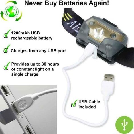 Wiederaufladbare Led-stirnlampe, Verstellbar, Usb-kabel Inklusive, 5 Modi, 6000k [energieklasse A+]
