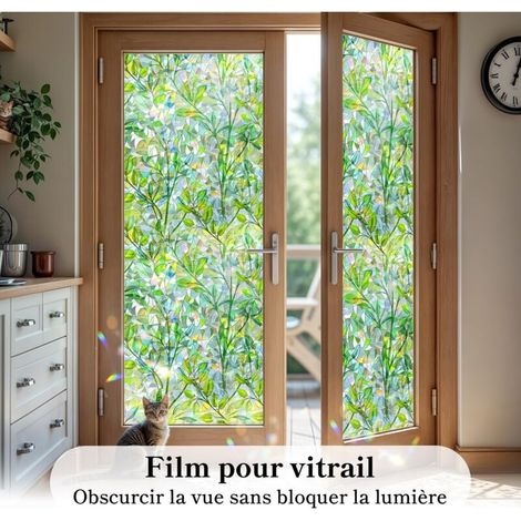 Fensterfolie Mit Buntglas-optik, Blendfreier Regenbogeneffekt, 30 X 100 Cm, Grünes Blattmuster, Elektrostatisch Haftende, Dekorative Fensterfolie, Uv-beständiger Sichtschutz Für Schlafzimmer Und Küche